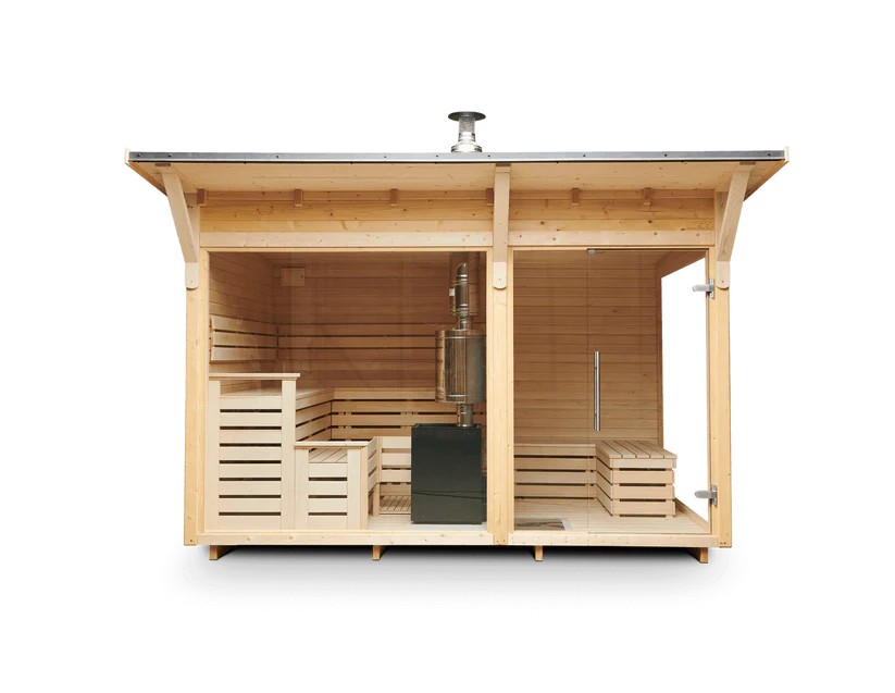 Spruce Wood Outdoor Backyard Sauna House with Internal Wood Burning Heater for Family Leisure Exterior angle