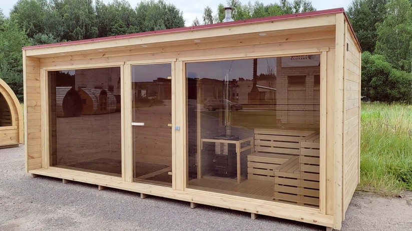 Spruce Wood Outdoor Backyard Sauna House with Internal Wood Burning Heater for Family Leisure Side profile