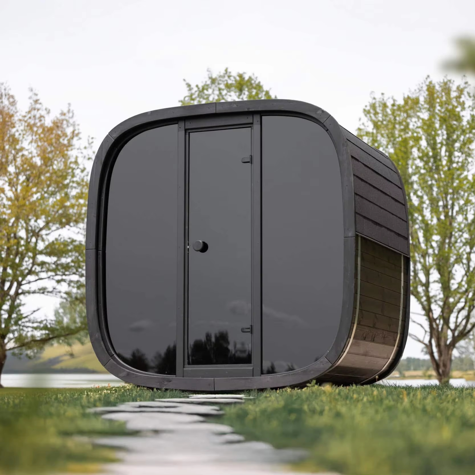 Outdoor Cedar Sauna Room with Panoramic Windows and Porch Exterior angle