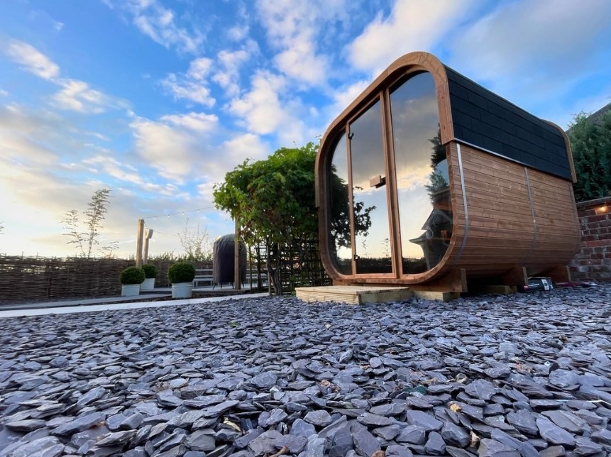 Outdoor Cedar Sauna Room with Panoramic Windows and Porch Interior detail