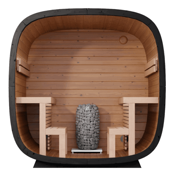 Outdoor Cedar Sauna Room with Panoramic Windows and Porch Door and glass