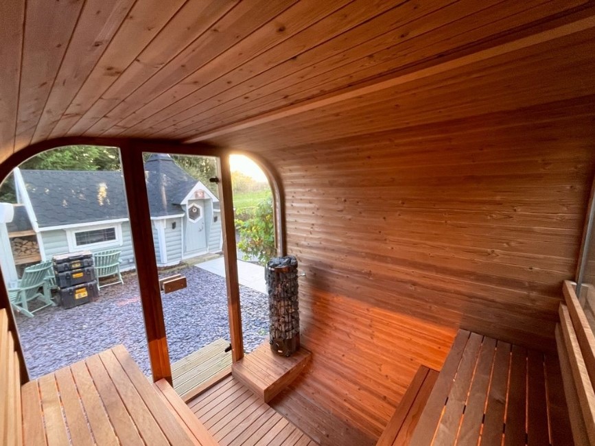 Outdoor Cedar Sauna Room with Panoramic Windows and Porch Side profile