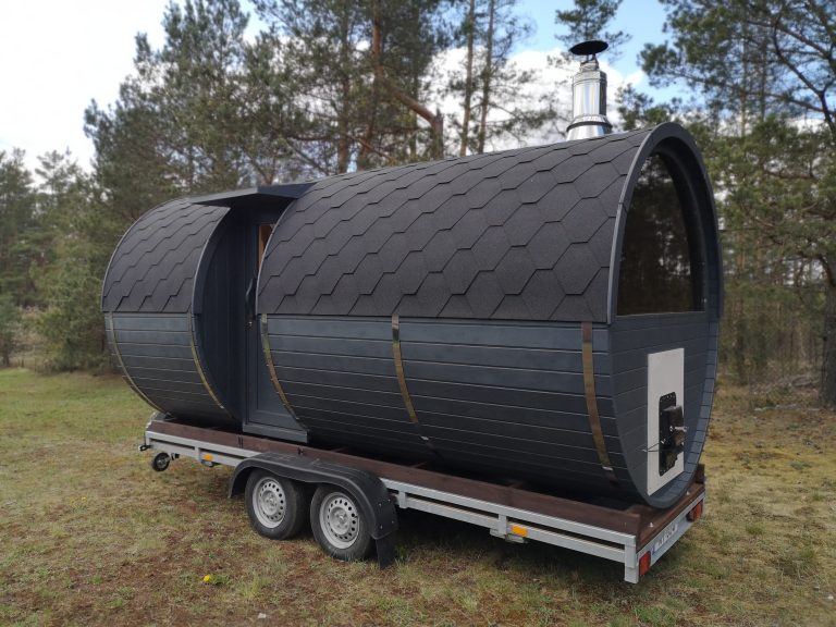 Towable Outdoor Sauna Cabin with Trailer Solid Wood Steam Sauna Room Side profile