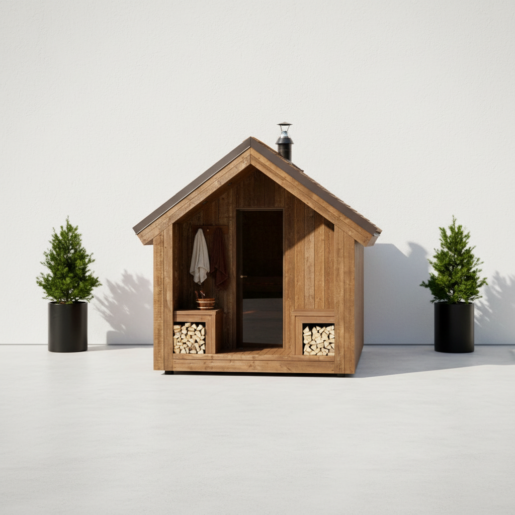 Traditional Forest Sauna House 2-4 Person Solid Wood Sauna with Firewood Storage Side profile