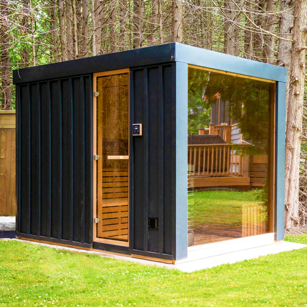 Black Exterior Cube Sauna with Panoramic Front Window and Corner Bench CSA-468 product view 2
