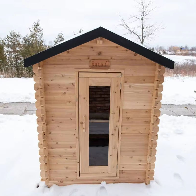 Traditional Wooden Outdoor Sauna Room Hemlock Solid Wood-Burning Heating Type Exterior angle