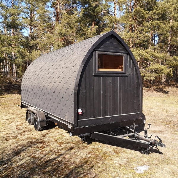 Trailer-Mounted Barrel Sauna with Chimney Exterior angle