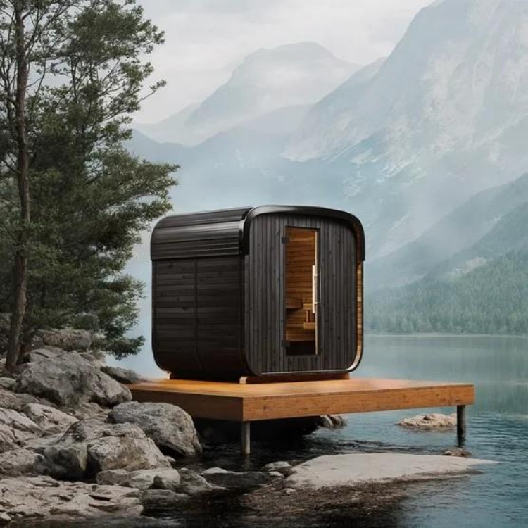 Weatherproof Outdoor Square Sauna Barrel, Heavy Duty Carbonized Wood, Traditional Wet/Dry Sauna with Glass Door, Backyard Spa Exterior angle