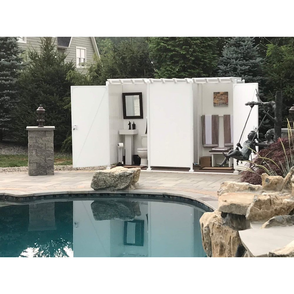 White CSauna Outdoor Shower Cabana with Pergola Roof Model CS-OSCR-D0619-16 for Pool Deck Garden Side profile