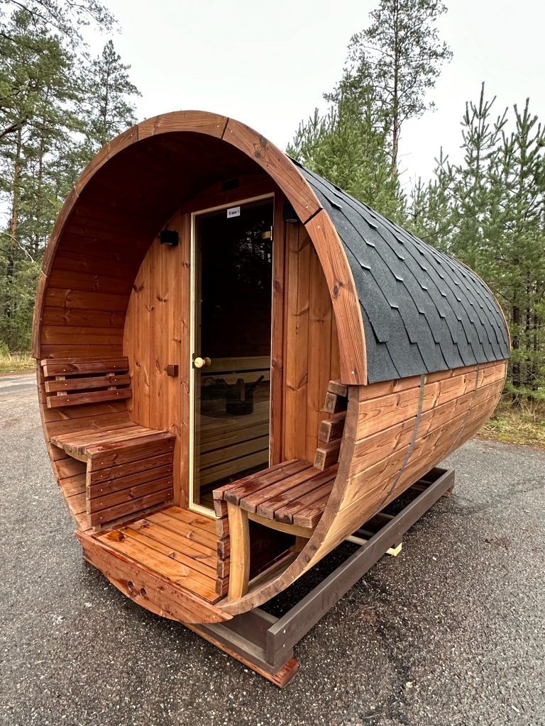 White Painted Barrel Sauna, 4-6 Person Outdoor Sauna Cabin with Asphalt Shingle Roof &amp; Glass Door Interior detail