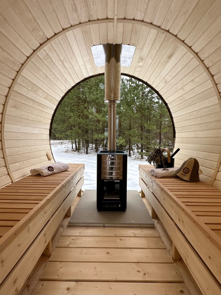 White Painted Barrel Sauna, 4-6 Person Outdoor Sauna Cabin with Asphalt Shingle Roof &amp; Glass Door Buyer reference