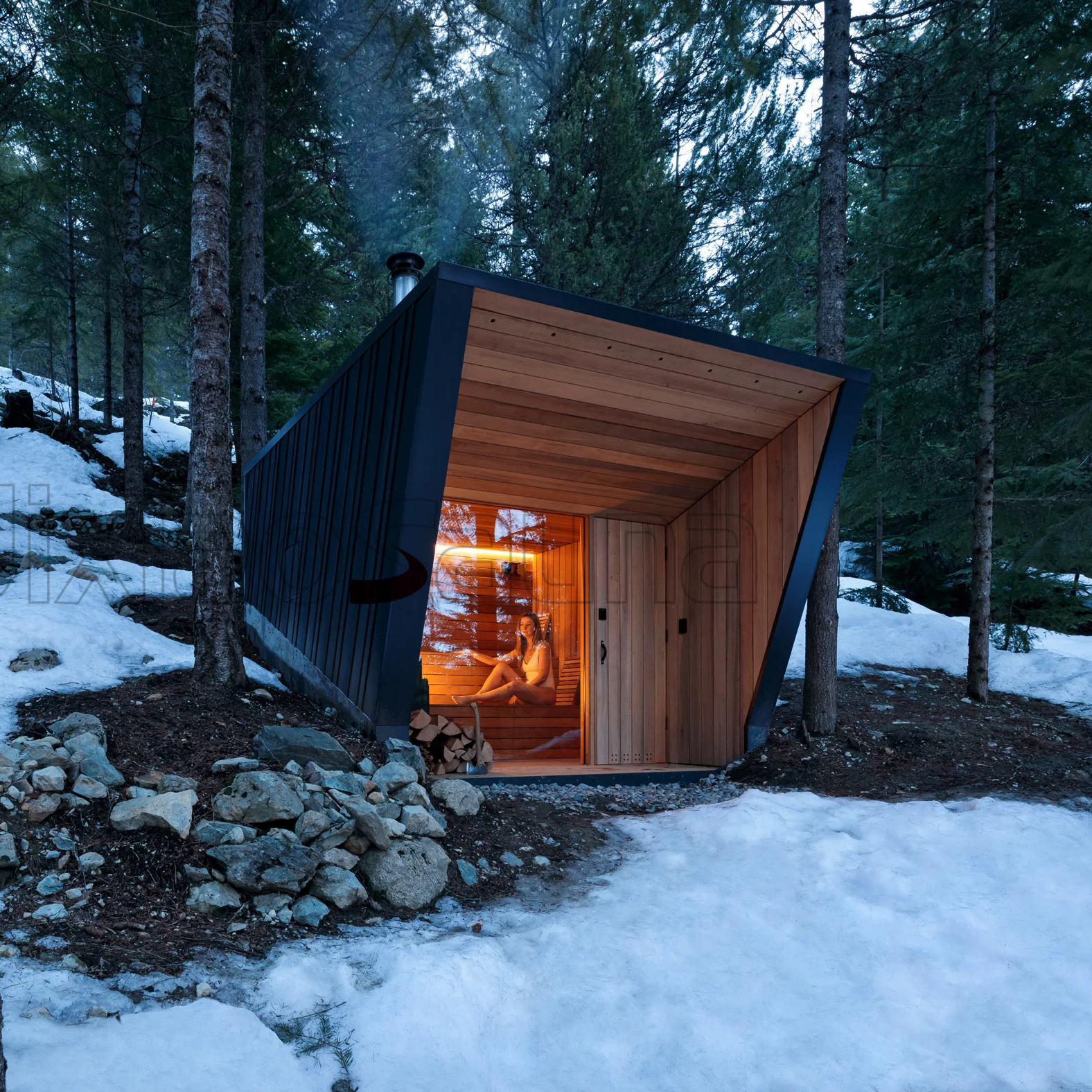 Winter Forest Luxury Smart Wooden Sauna Cabin with Glass Facade and Integrated Heater for Wellness Retreats Exterior angle