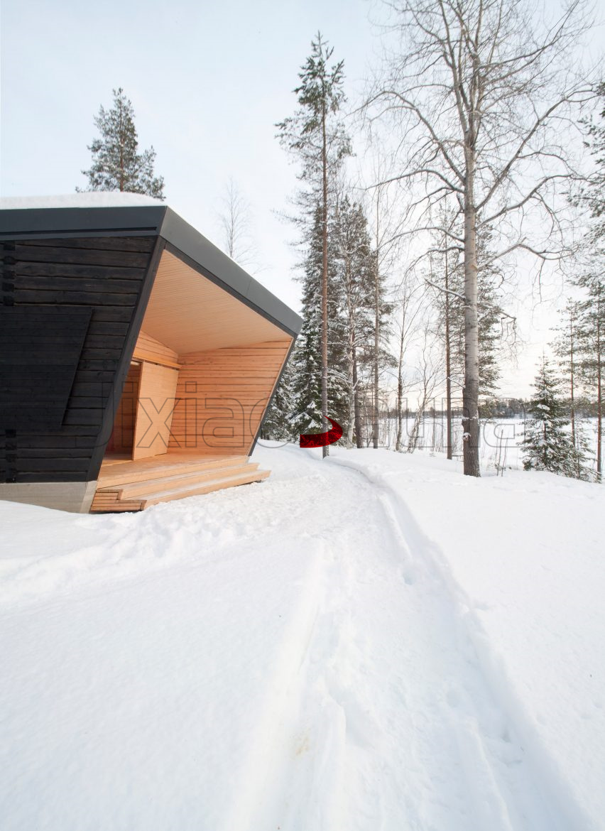 Winter Forest Luxury Smart Wooden Sauna Cabin with Glass Facade and Integrated Heater for Wellness Retreats Side profile