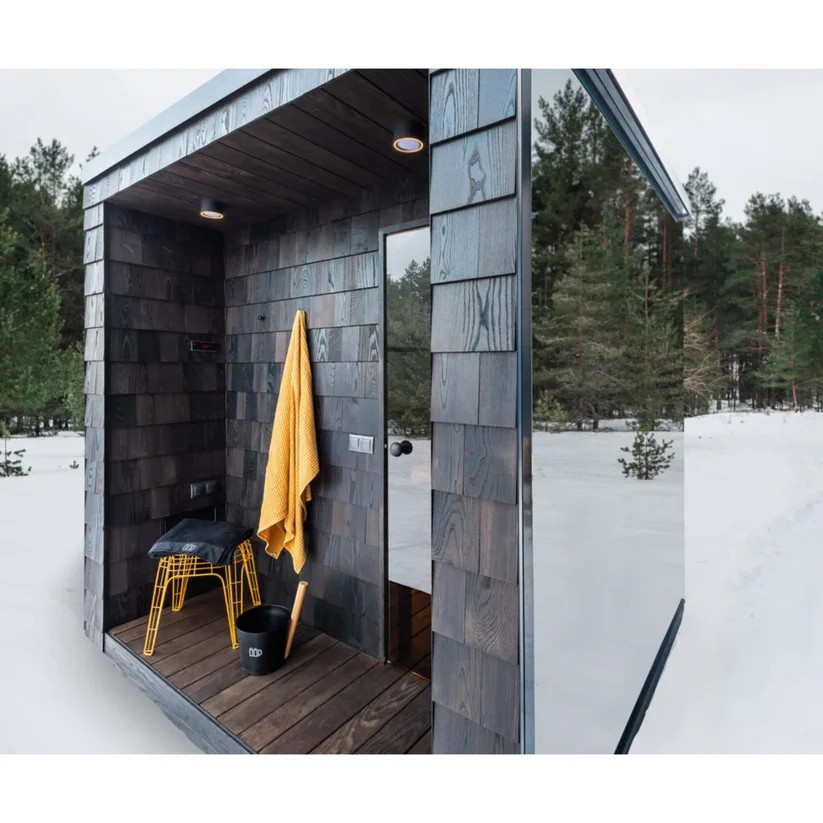 Wood-Fired Outdoor Sauna Room for Rustic Garden Ambiance Door and glass