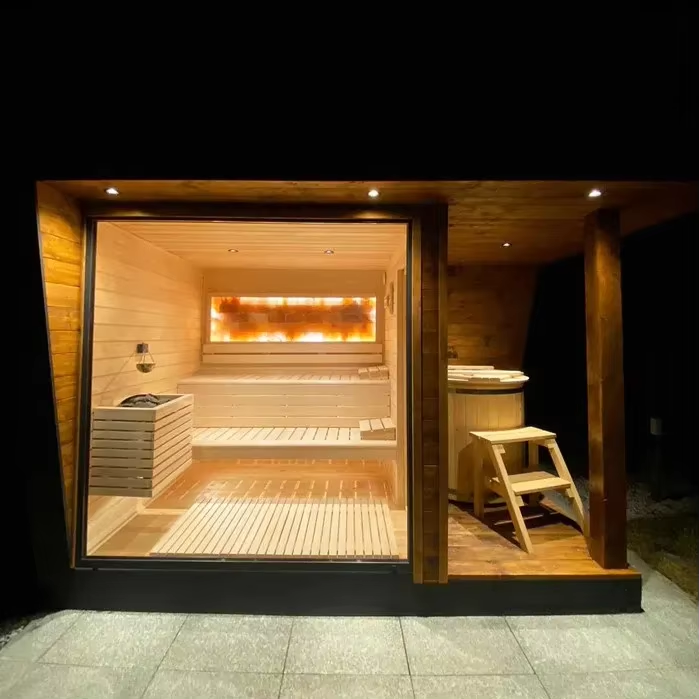 Wooden Outdoor Sauna House with LED Lights and Glass Door Door and glass