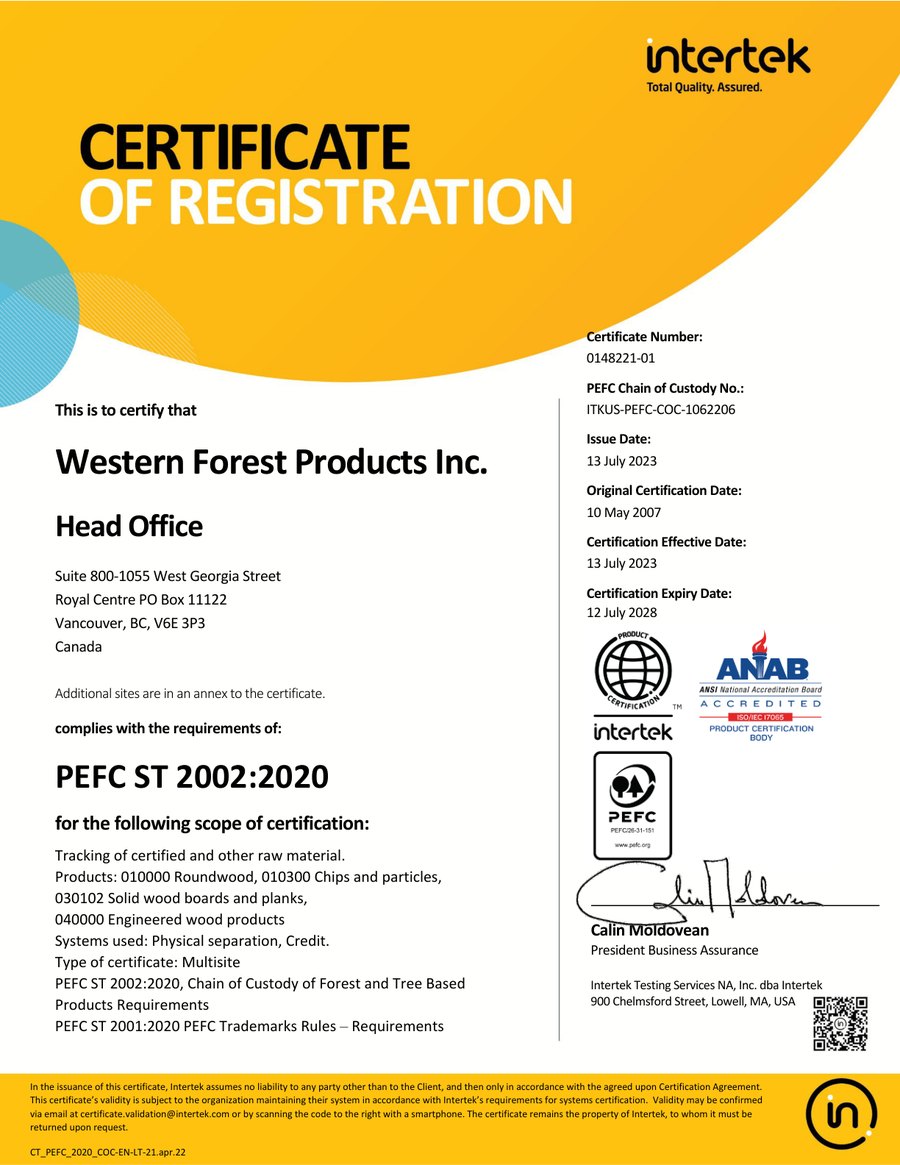 PEFC chain of custody certificate preview for red cedar material file