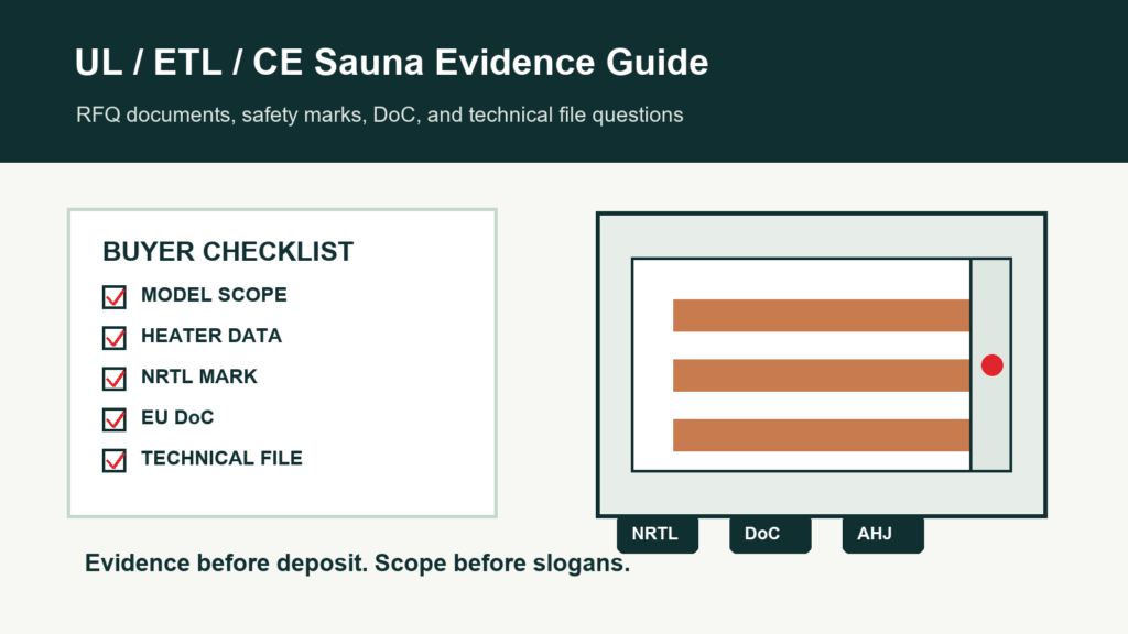 Sauna compliance RFQ evidence guide cover with buyer checklist and sauna room