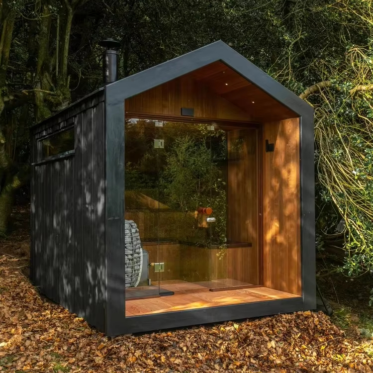 Dark Stained A-Frame Outdoor Sauna Cabin product image