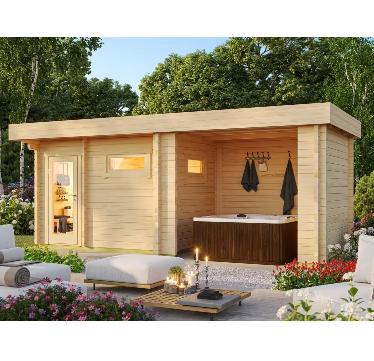 Light Wood Outdoor Sauna Cabin with Hot Tub Nook product image