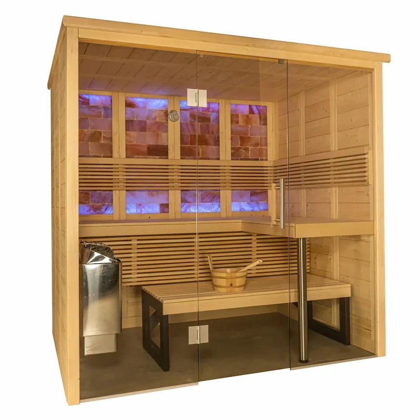 Sloped-Roof Indoor Sauna with Backlit Salt Wall and L-Bench CSA-517 product image