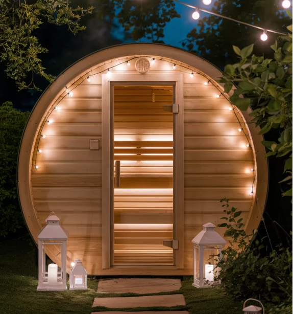 Modern Portable Outdoor Barrel Sauna Solid Wood Structure with Rounded Chimney and Electric Heating Stove for Relaxation Exterior angle