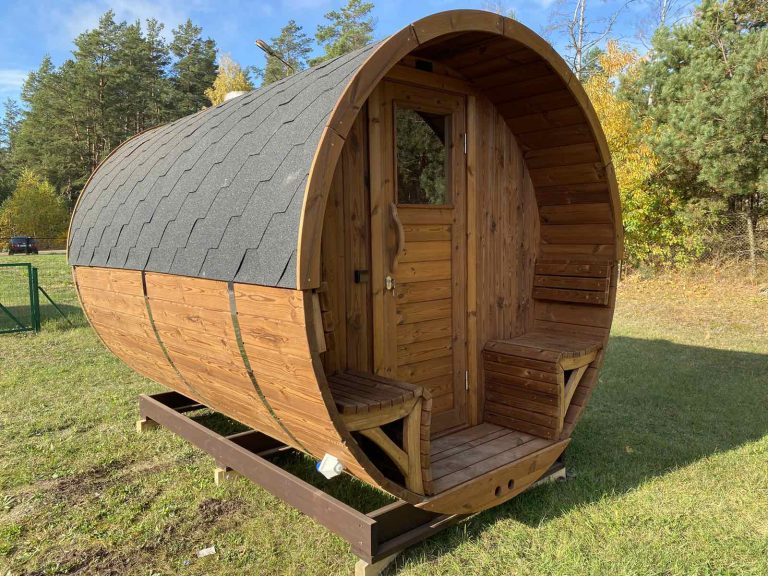 4-6 Person Outdoor Barrel Sauna with Open Porch Exterior angle