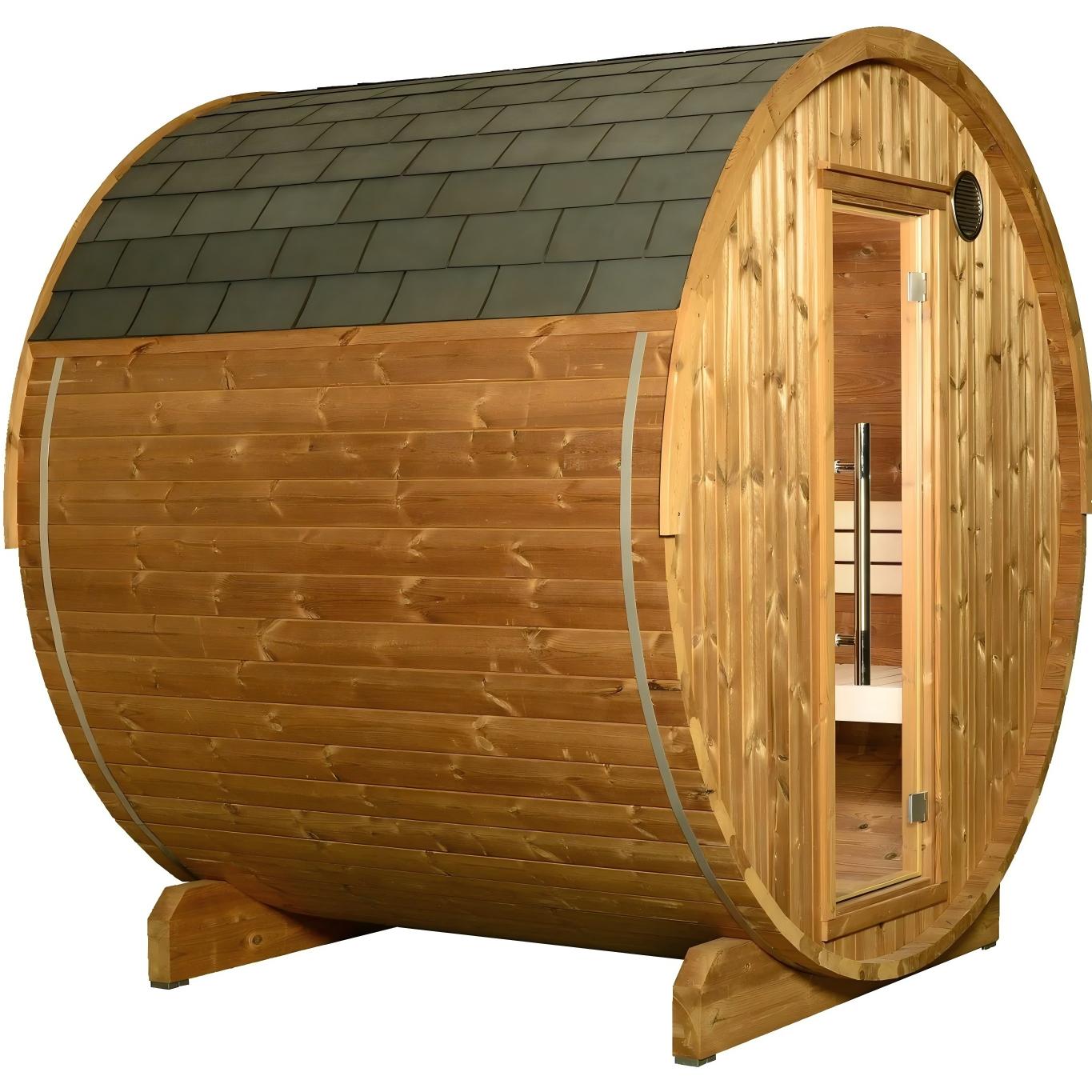 Natural Wood Barrel Sauna with Shingle Roof and Ventilation product image