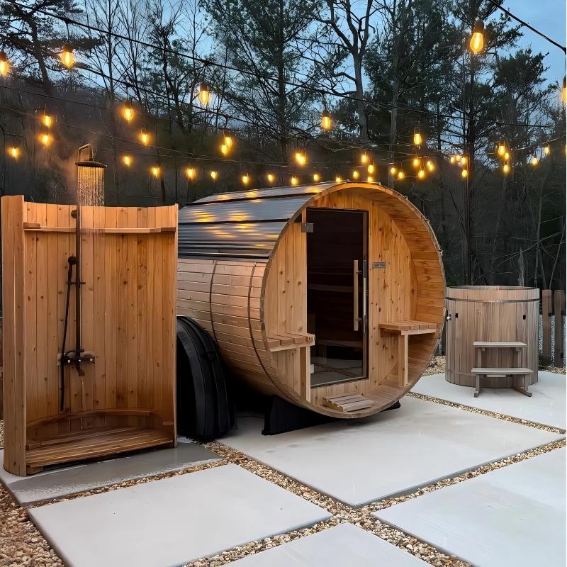 OEM Outdoor Barrel Sauna, Custom Size Wood Burning Sauna Cabin with Chimney product image