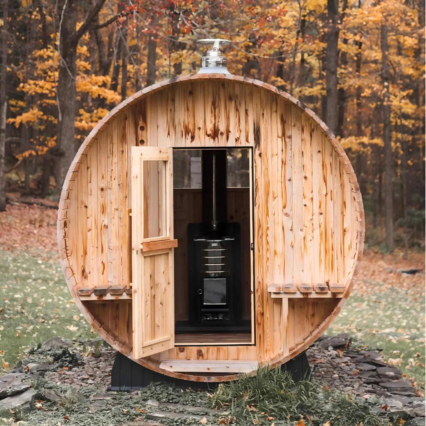 OEM Outdoor Sauna House, Custom Size Wooden Barrel Sauna with Roof for Hotel Spa product image