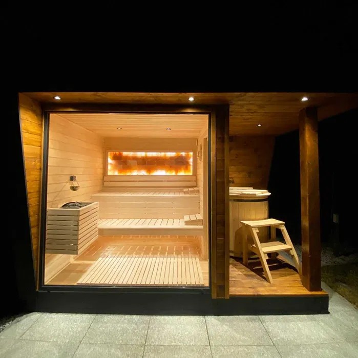 Outdoor Glass Front Sauna Cabin with Hot Tub Area product image