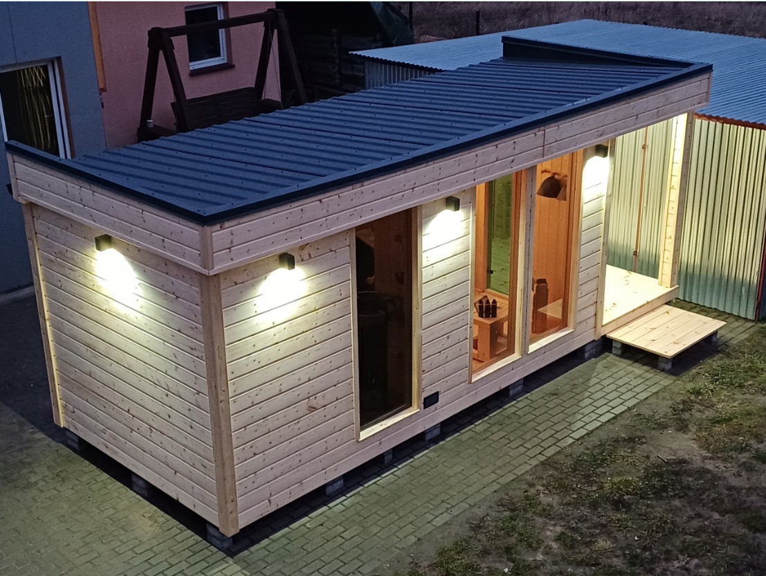 Prefab Modular Backyard Sauna House with Porch and LED Lighting product image