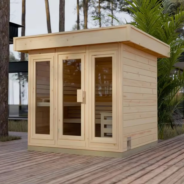 Light-Wood Outdoor Sauna Cabin with Three-Panel Glass Front CSA-572 product image