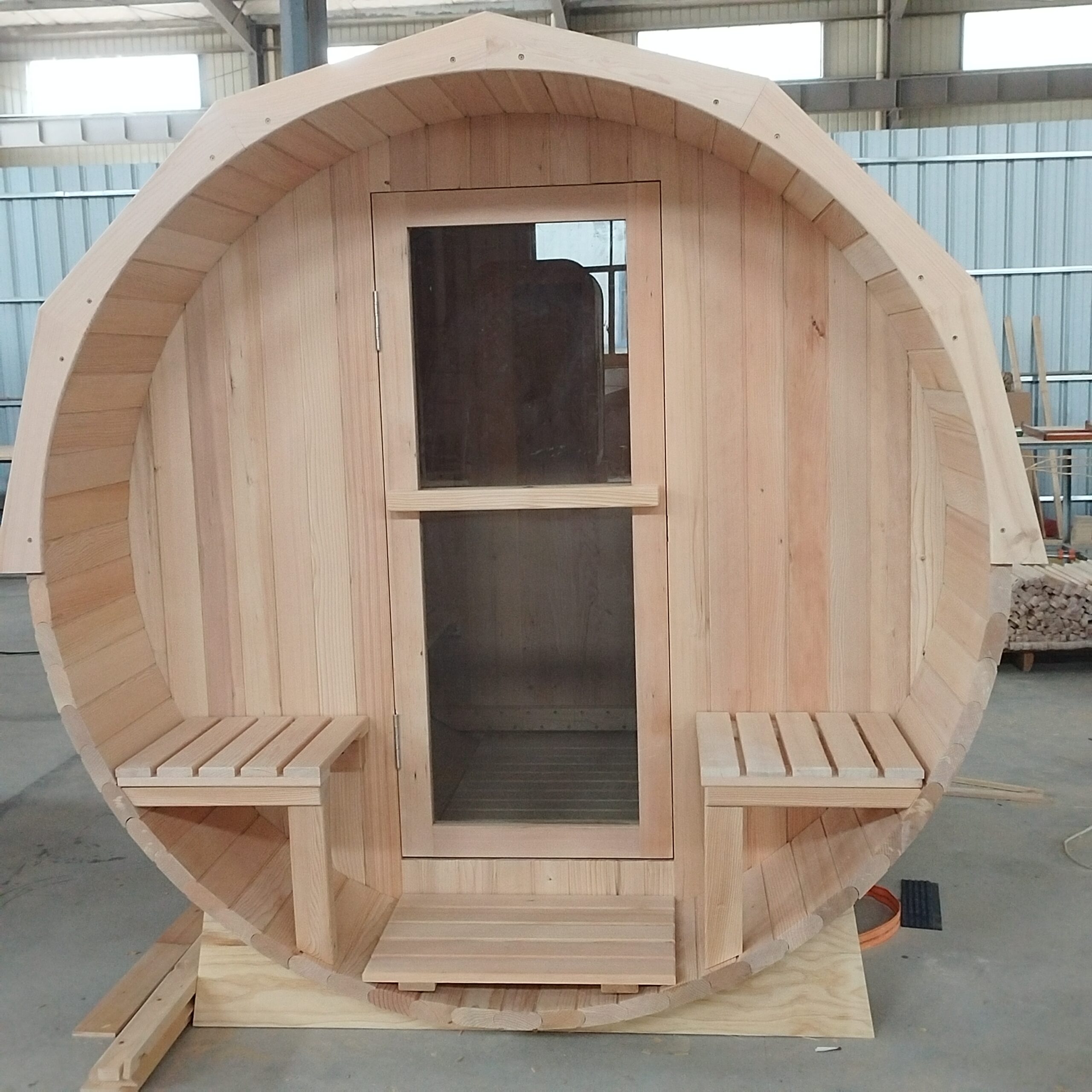 Red Cedar Outdoor Panoramic Glass Open Porch Barrel Sauna product image