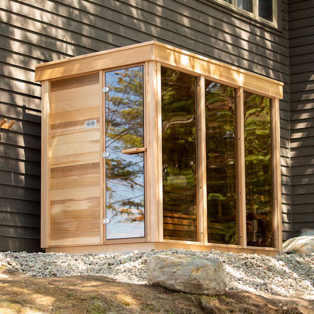 Corner-Glass Outdoor Sauna Cabin with Electric Stone Heater CSA-395 product image