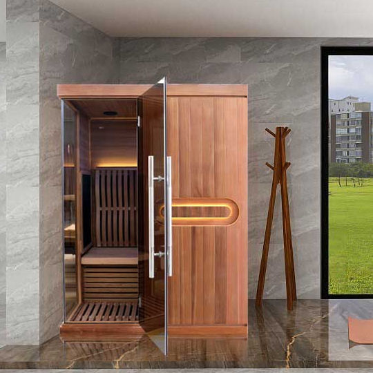 Solid Wood Single Person Indoor Infrared Sauna with Low EMF Carbon Heater &amp; Glass Swing Door Exterior angle
