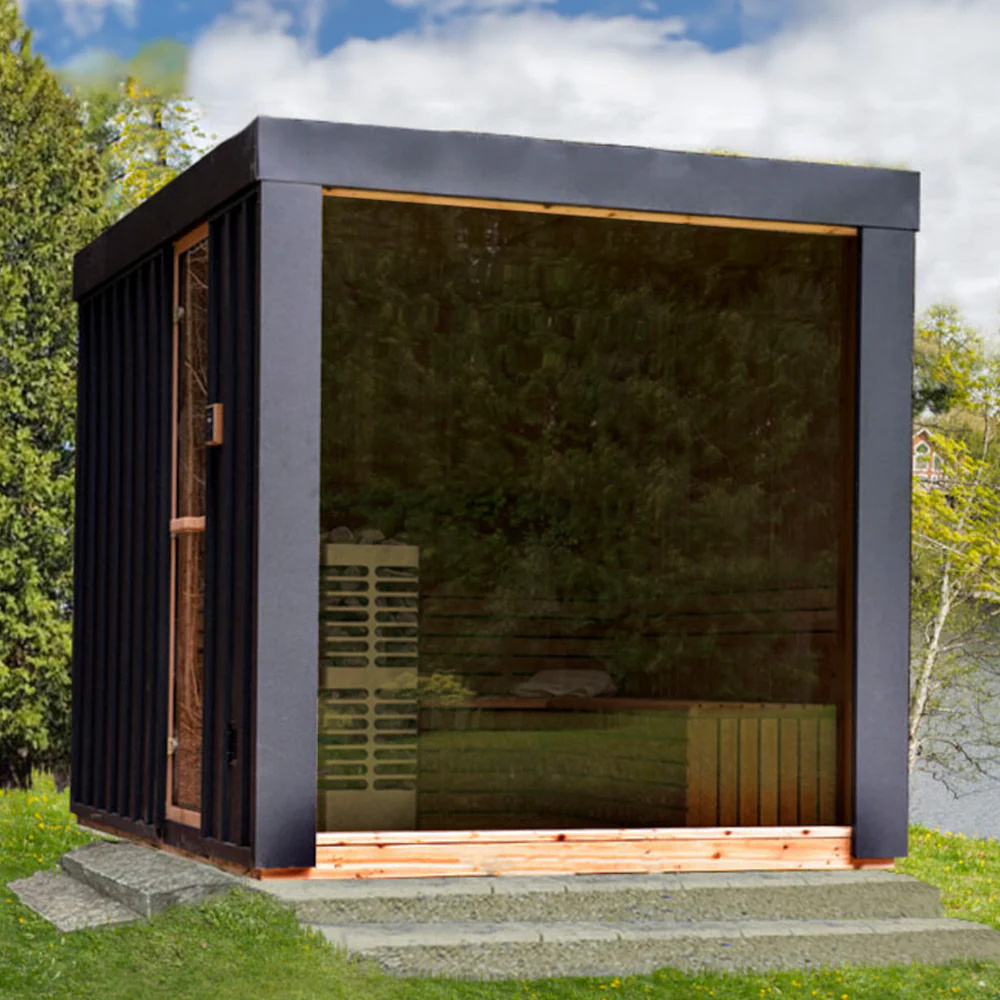 Black Exterior Cube Sauna with Panoramic Front Window and Corner Bench CSA-468 product image