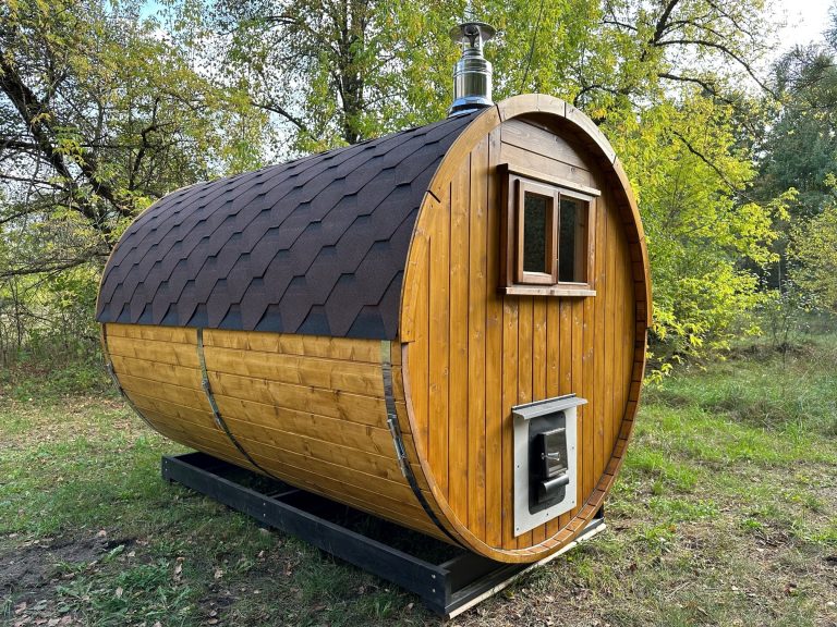 External-Feed Wood-Stove Barrel Sauna with Twin Benches CSA-292 product view 1