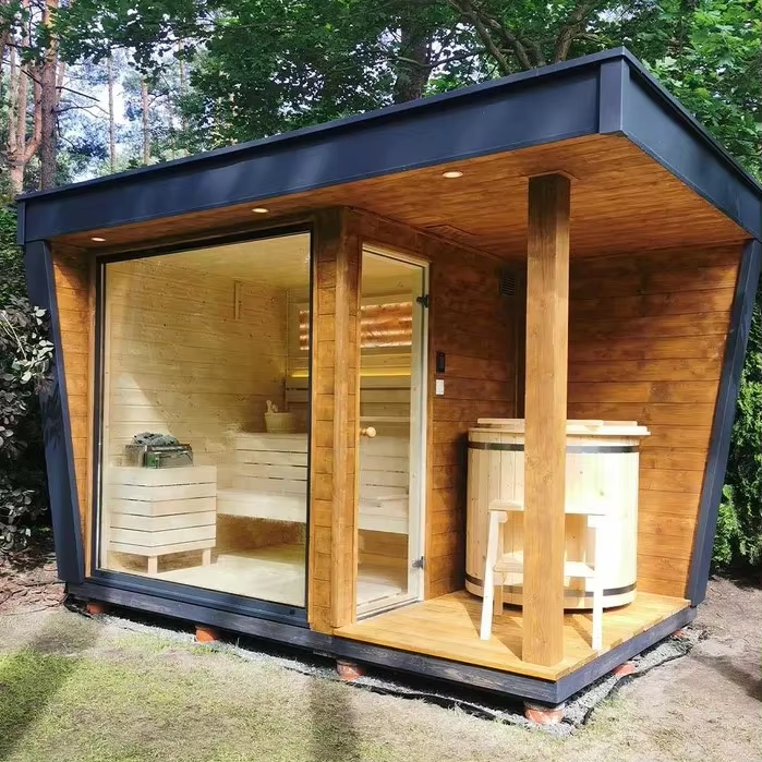 Wooden Outdoor Sauna House with LED Lights and Glass Door product image