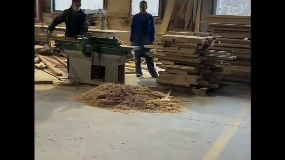CSauna workshop walkthrough frame showing wood parts and production space