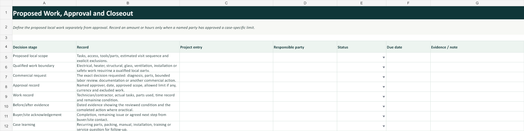 Preview of the dealer service case record work and closeout sheet