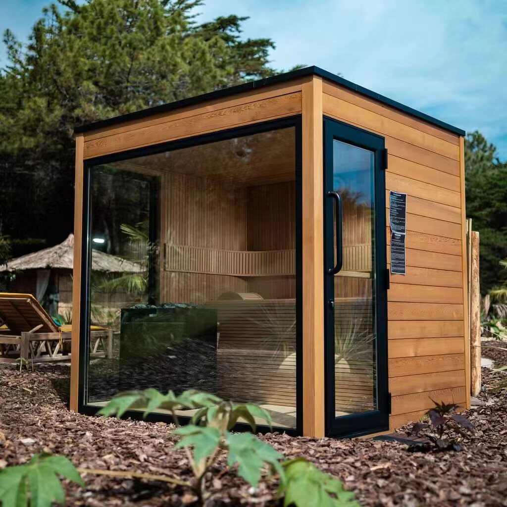 Black Frame Cube Sauna with Panoramic Glass entry and glazing reference