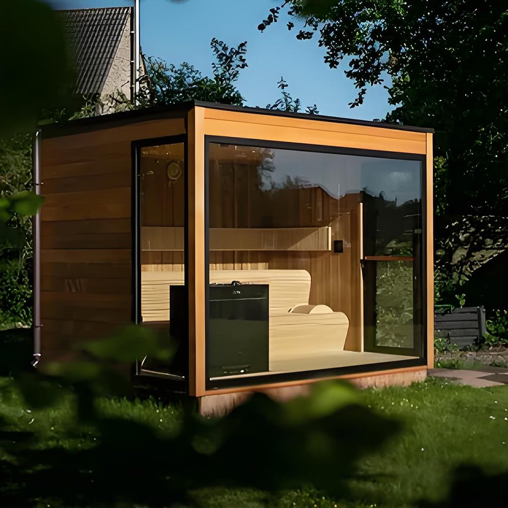 Black Frame Cube Sauna with Panoramic Glass side exterior reference