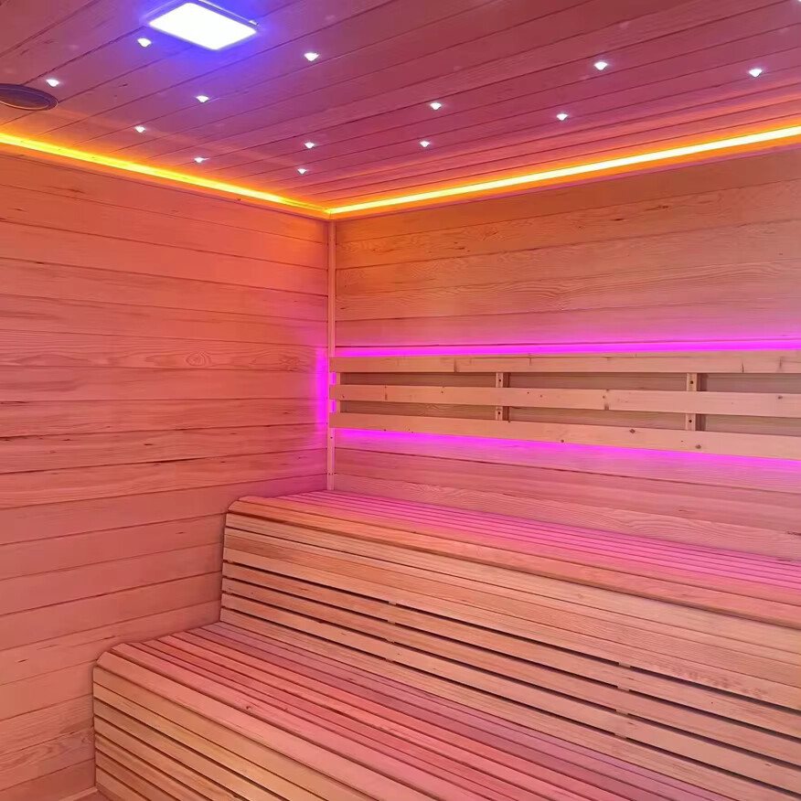 Black Frame Cube Sauna with Panoramic Glass interior bench and lighting reference