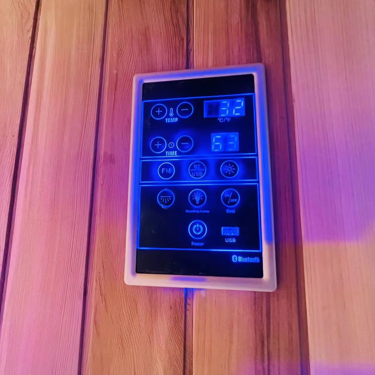 Black Frame Cube Sauna with Panoramic Glass control panel reference