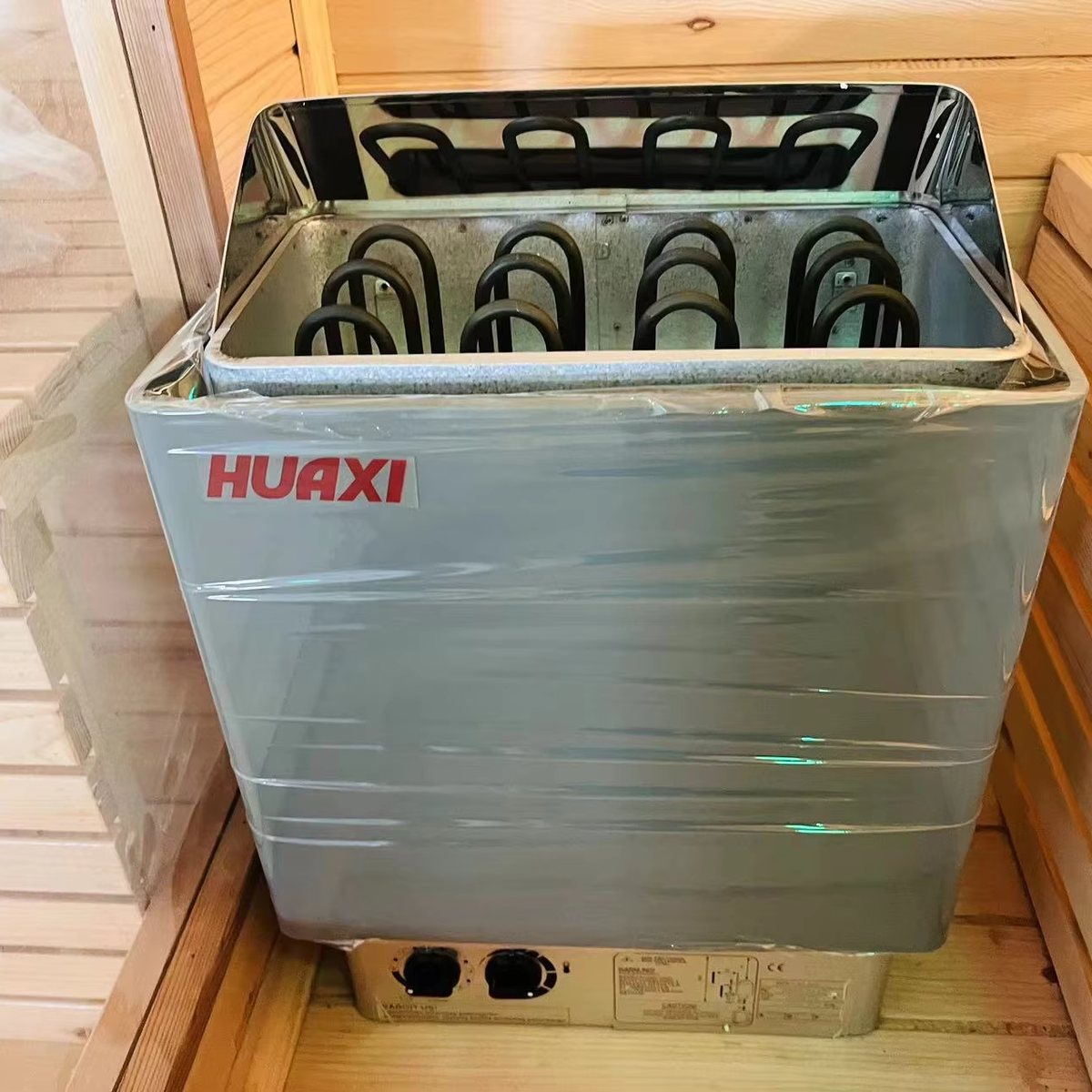 Black Frame Cube Sauna with Panoramic Glass electric heater reference