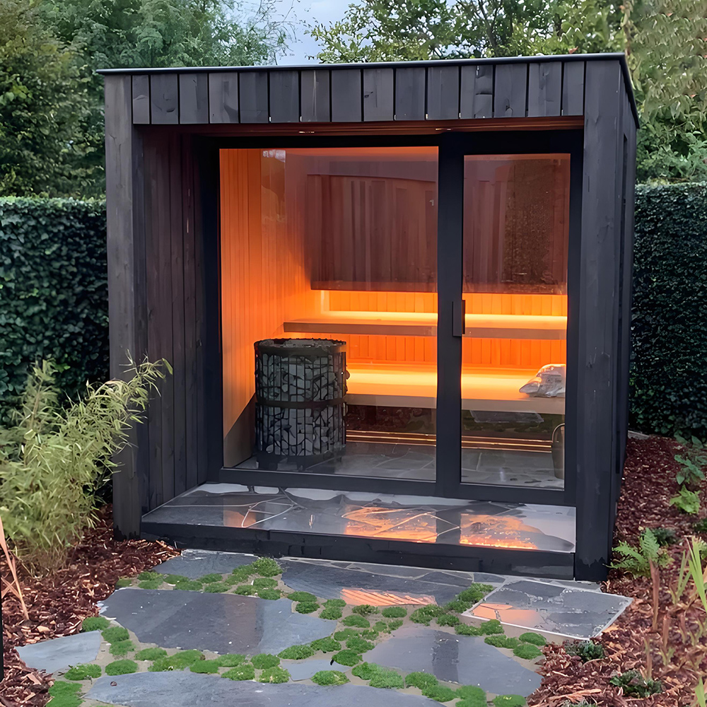 Compact Dark-Finish Outdoor Sauna Cabin with Glass Front product image