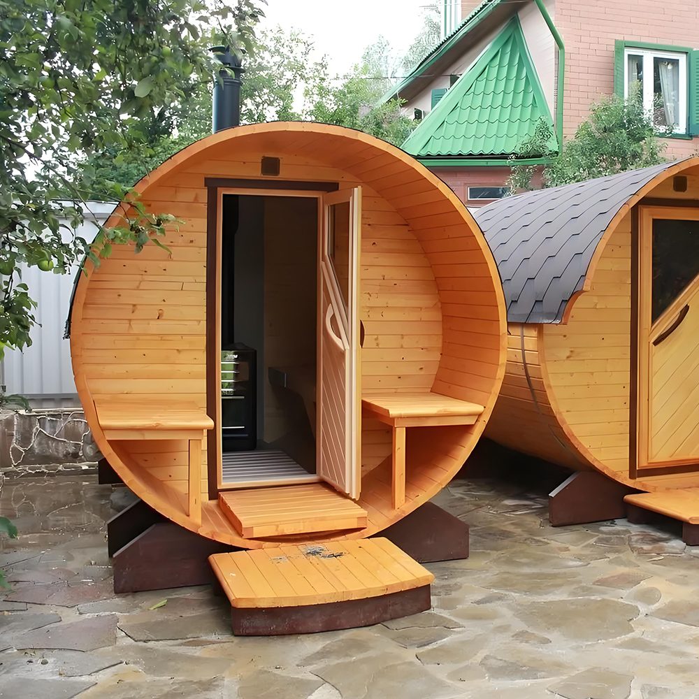 Outdoor Barrel Sauna Porch and Door Configurations open door and porch reference