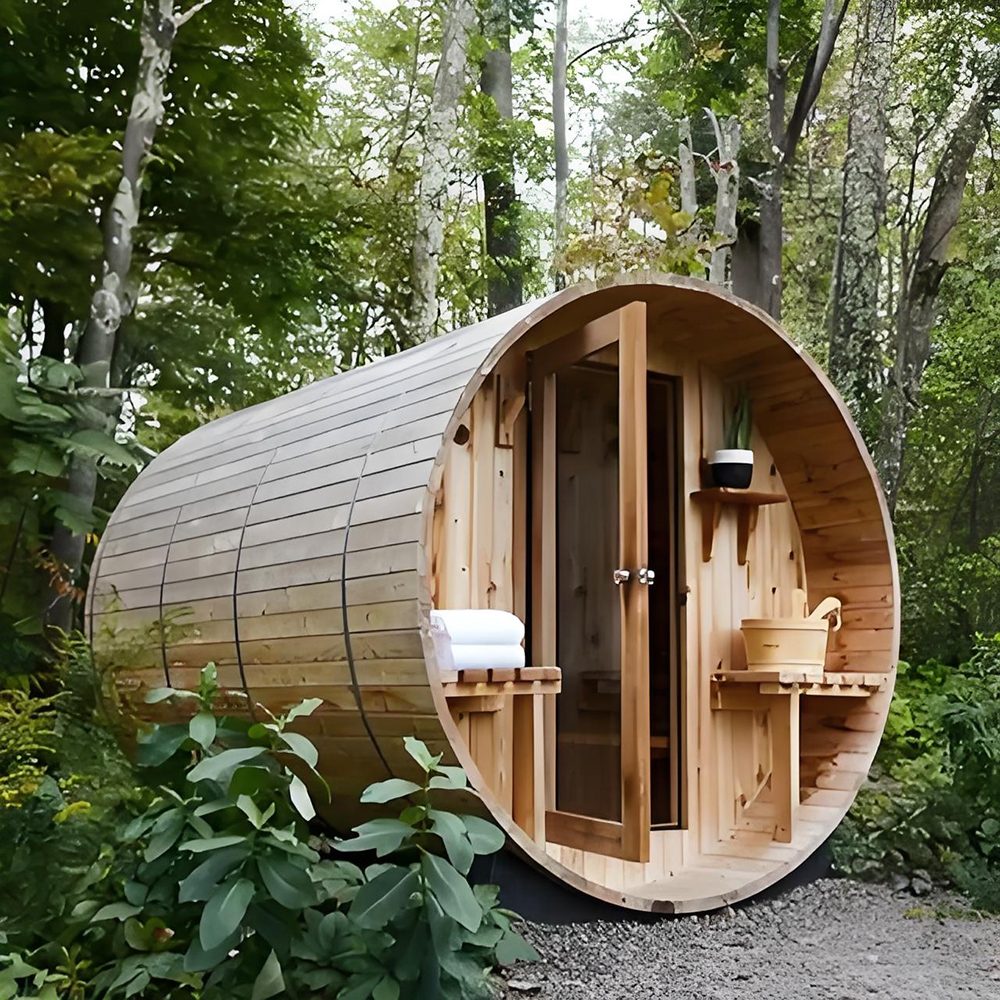 Outdoor Barrel Sauna Porch and Door Configurations glass door option reference
