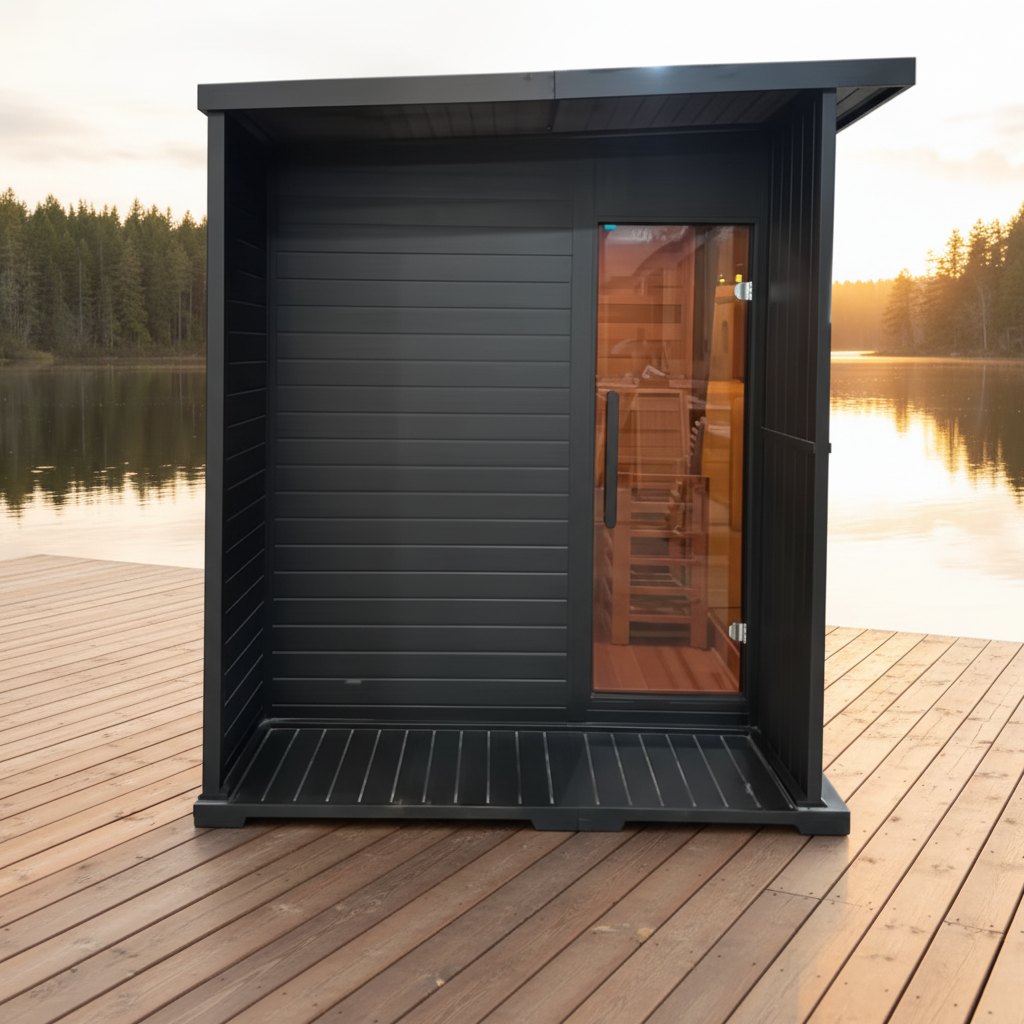 Compact Black Outdoor Sauna with Side Glass deck installation view