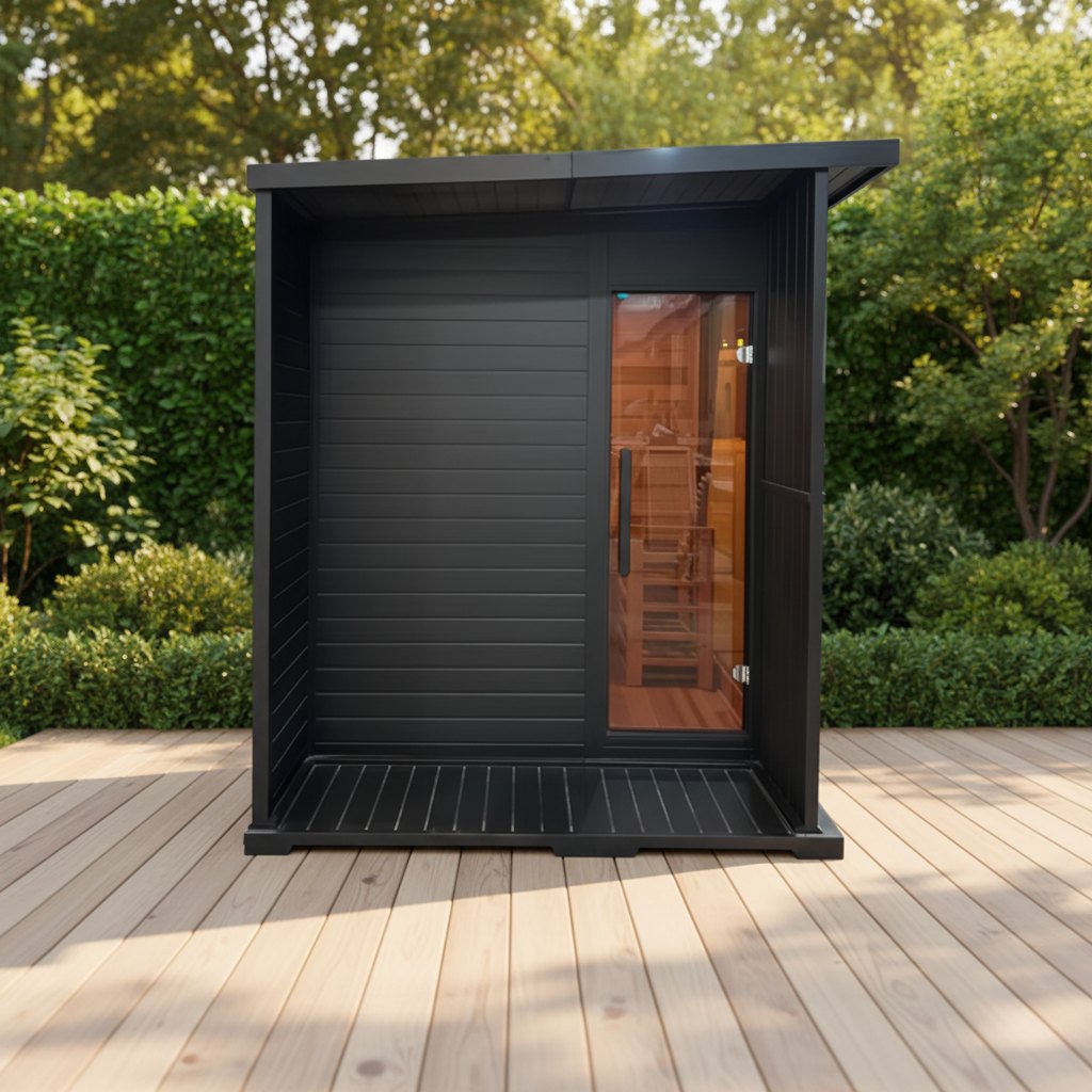 Compact Black Outdoor Sauna with Side Glass product image